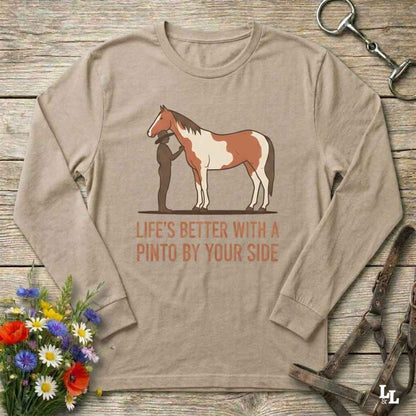 beige Life's Better with a Pinto Long Sleeve Tee for Pinto Lovers, Trail Riding Tee