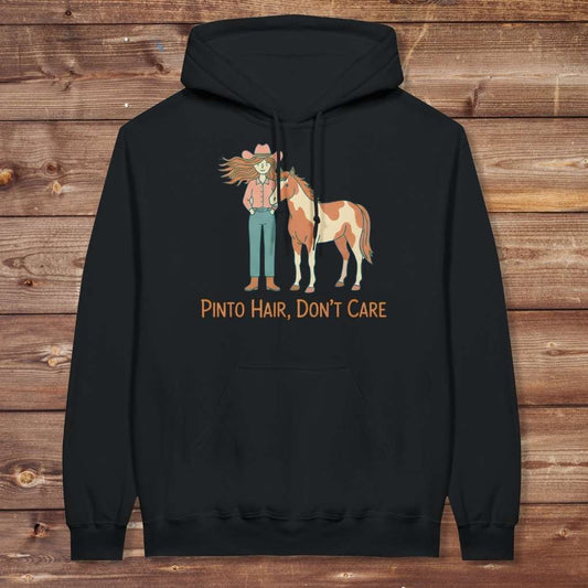 Black Pinto Hair Don't Care Hoodie for Pinto Horse Lovers, Trail Riding Hoodie