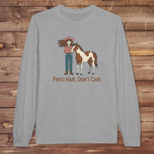 Gray Pinto Hair Don't Care Long Sleeve Tee for Pinto Horse Lovers, Trail Riding Tee