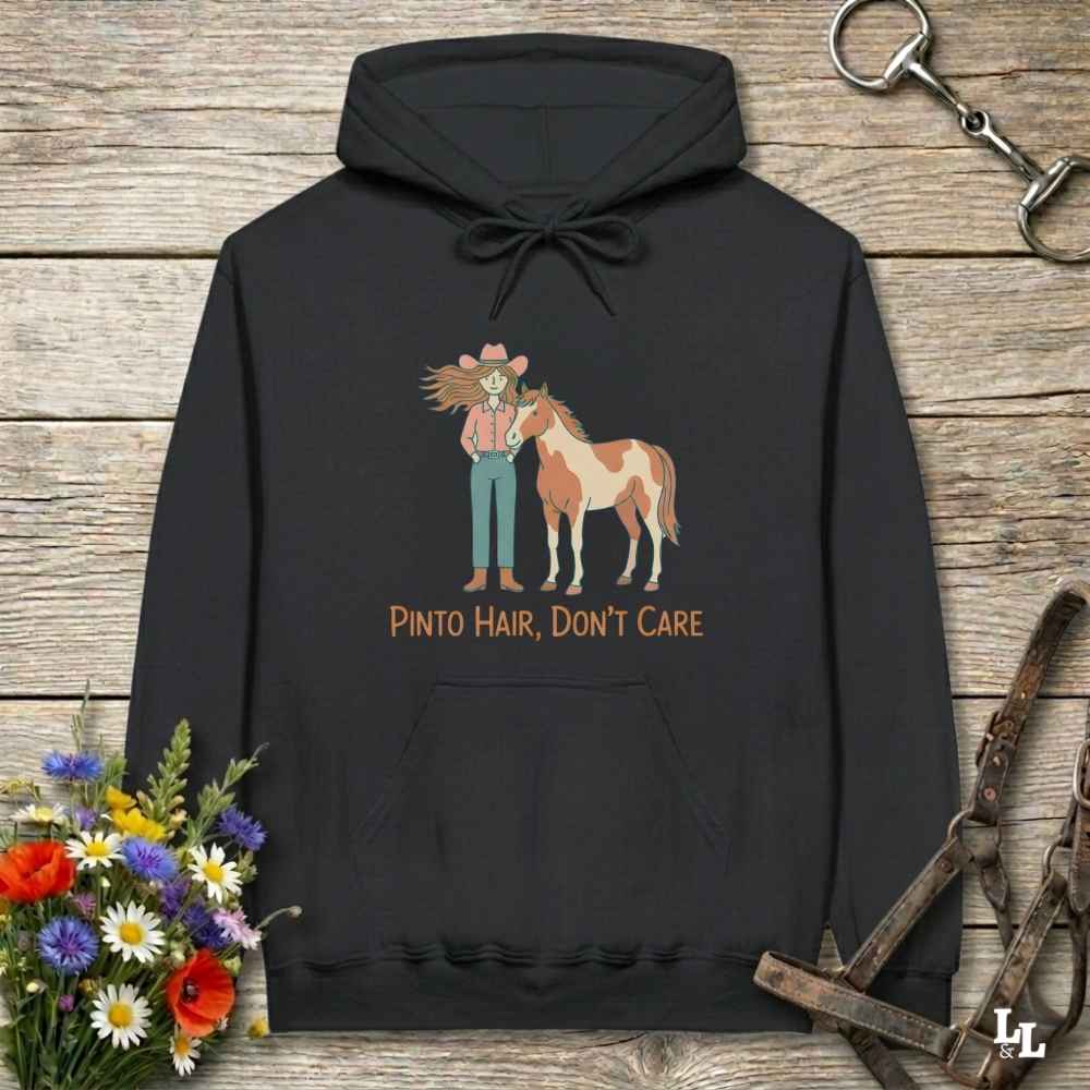 black Pinto Hair Don't Care Hoodie for Pinto Horse Lovers, Trail Riding Hoodie