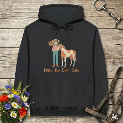 black Pinto Hair Don't Care Hoodie for Pinto Horse Lovers, Trail Riding Hoodie