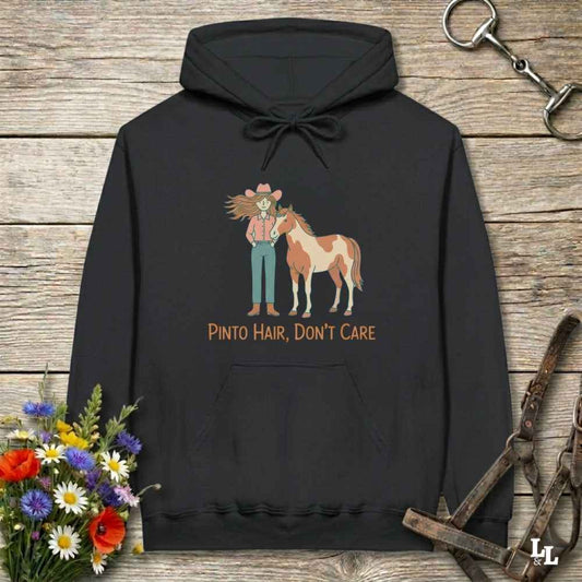 black Pinto Hair Don't Care Hoodie for Pinto Horse Lovers, Trail Riding Hoodie