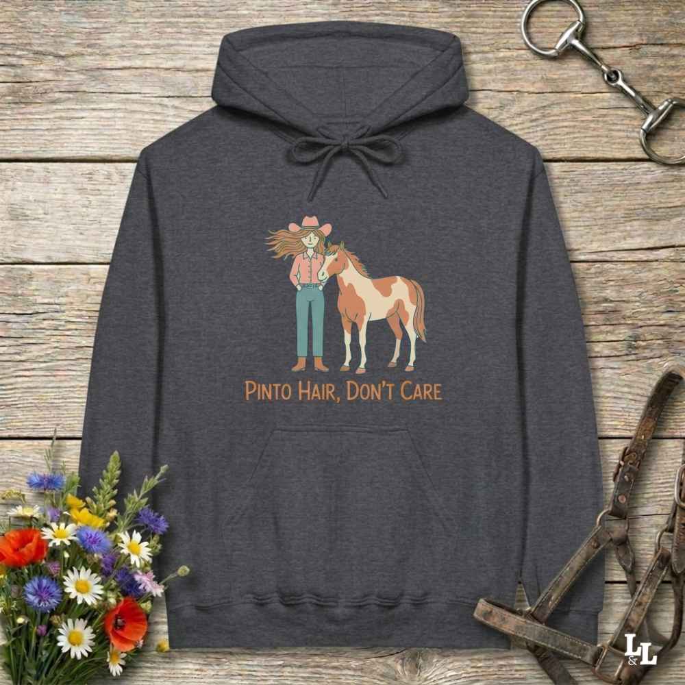 gray Pinto Hair Don't Care Hoodie for Pinto Horse Lovers, Trail Riding Hoodie