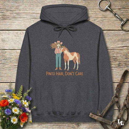 gray Pinto Hair Don't Care Hoodie for Pinto Horse Lovers, Trail Riding Hoodie