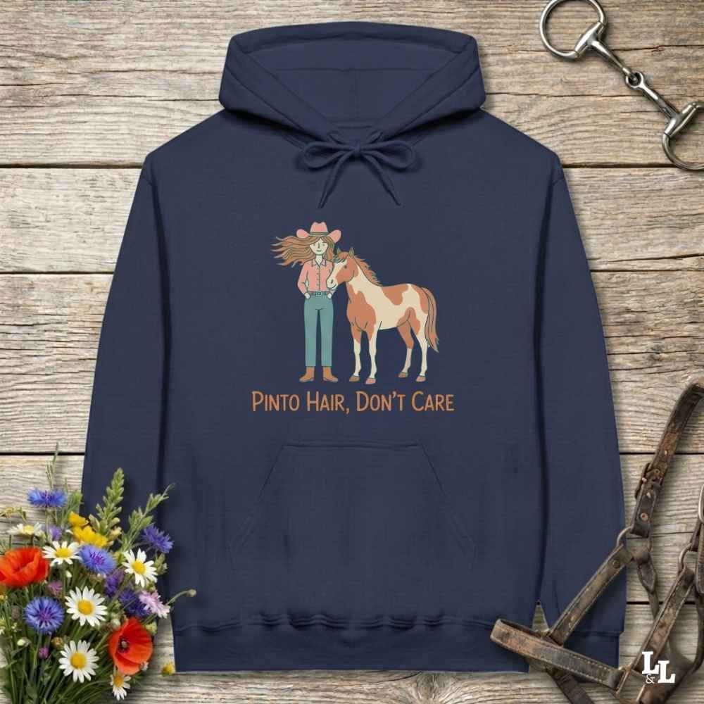 navy blue Pinto Hair Don't Care Hoodie for Pinto Horse Lovers, Trail Riding Hoodie