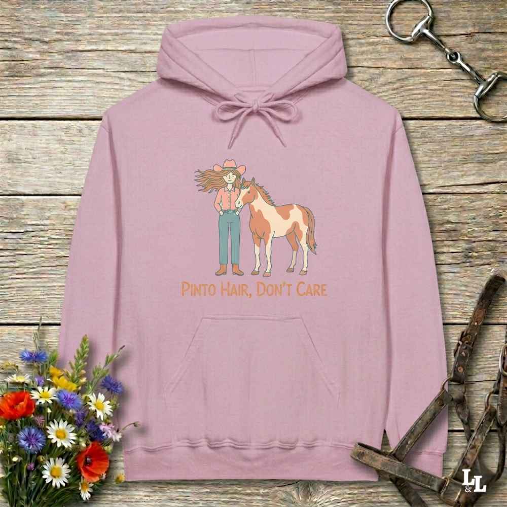 pink Pinto Hair Don't Care Hoodie for Pinto Horse Lovers, Trail Riding Hoodie