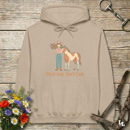 beige Pinto Hair Don't Care Hoodie for Pinto Horse Lovers, Trail Riding Hoodie