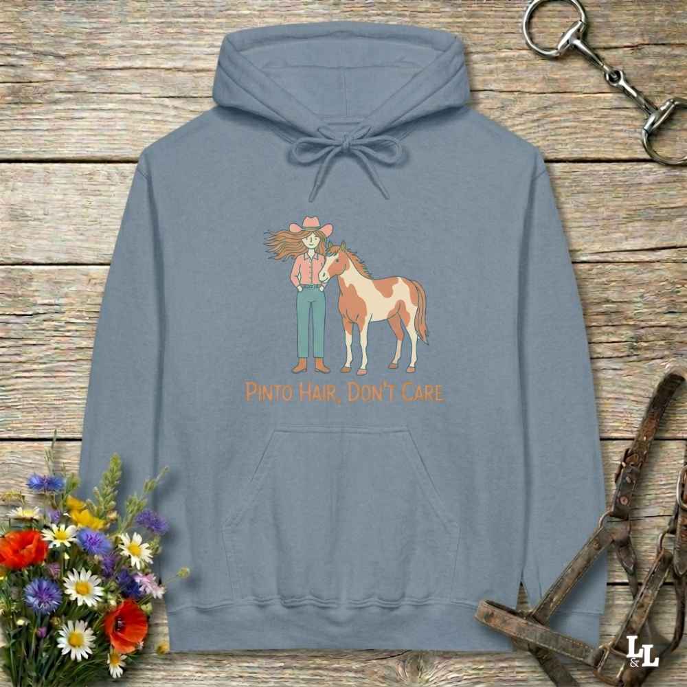 blue Pinto Hair Don't Care Hoodie for Pinto Horse Lovers, Trail Riding Hoodie