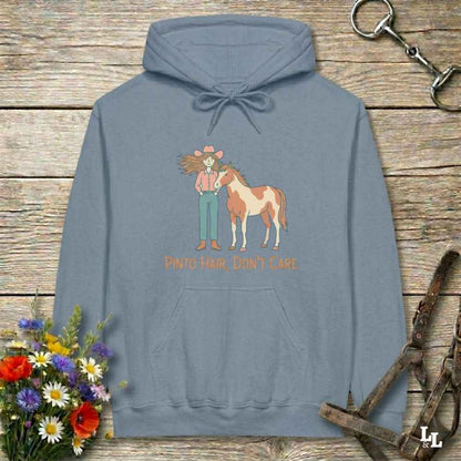 blue Pinto Hair Don't Care Hoodie for Pinto Horse Lovers, Trail Riding Hoodie