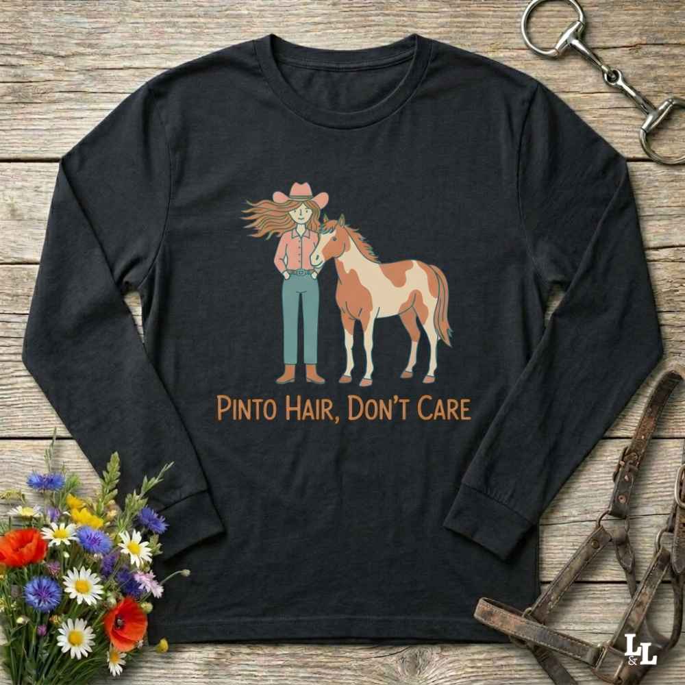 black Pinto Hair Don't Care Long Sleeve Tee for Pinto Horse Lovers, Trail Riding Tee