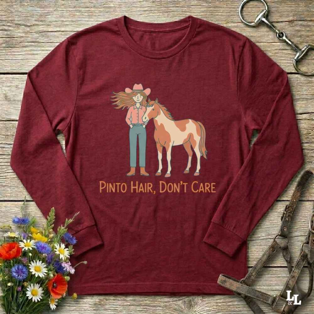red Pinto Hair Don't Care Long Sleeve Tee for Pinto Horse Lovers, Trail Riding Tee