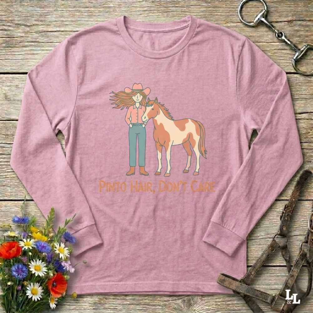 pink Pinto Hair Don't Care Long Sleeve Tee for Pinto Horse Lovers, Trail Riding Tee
