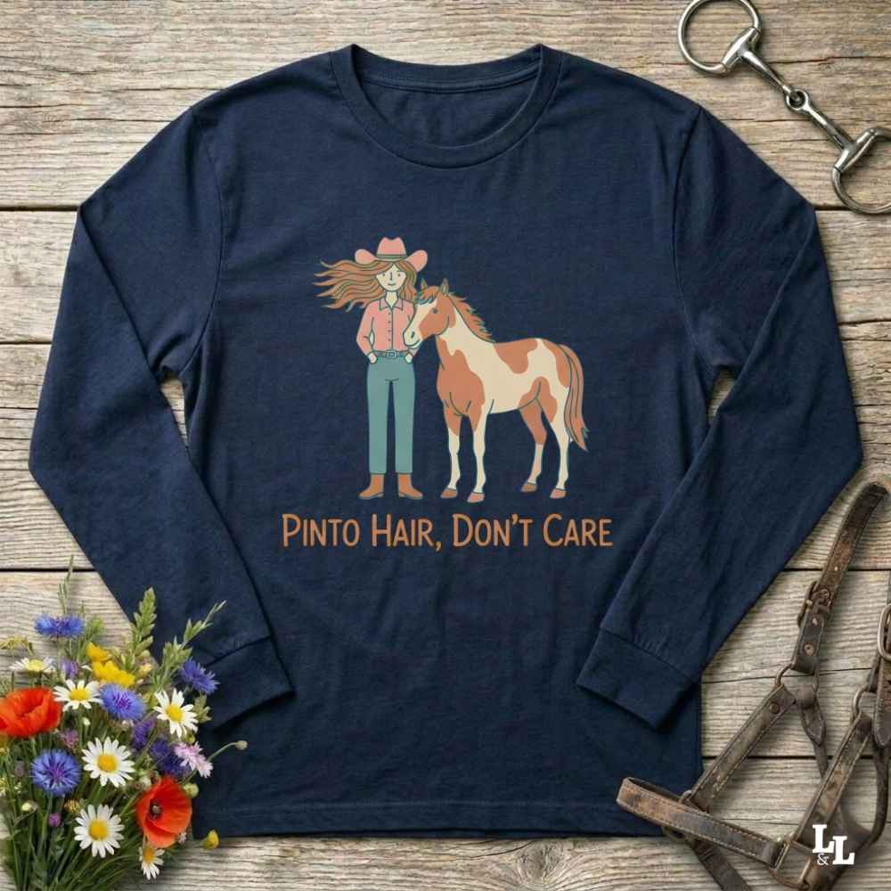 navy blue Pinto Hair Don't Care Long Sleeve Tee for Pinto Horse Lovers, Trail Riding Tee