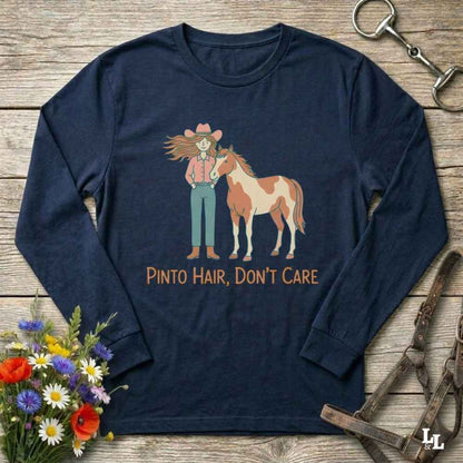 navy blue Pinto Hair Don't Care Long Sleeve Tee for Pinto Horse Lovers, Trail Riding Tee