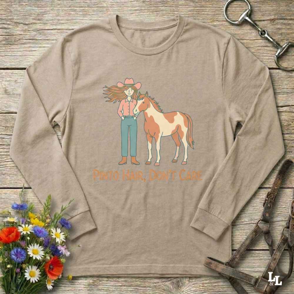 beige Pinto Hair Don't Care Long Sleeve Tee for Pinto Horse Lovers, Trail Riding Tee