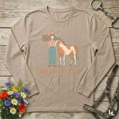 beige Pinto Hair Don't Care Long Sleeve Tee for Pinto Horse Lovers, Trail Riding Tee