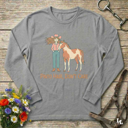 gray Pinto Hair Don't Care Long Sleeve Tee for Pinto Horse Lovers, Trail Riding Tee