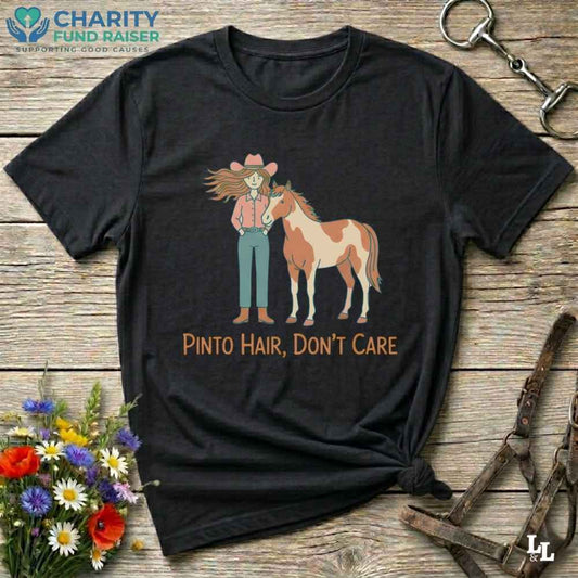 black Pinto Hair Don't Care T-Shirt for Pinto Horse Lovers, Trail Riding Tee
