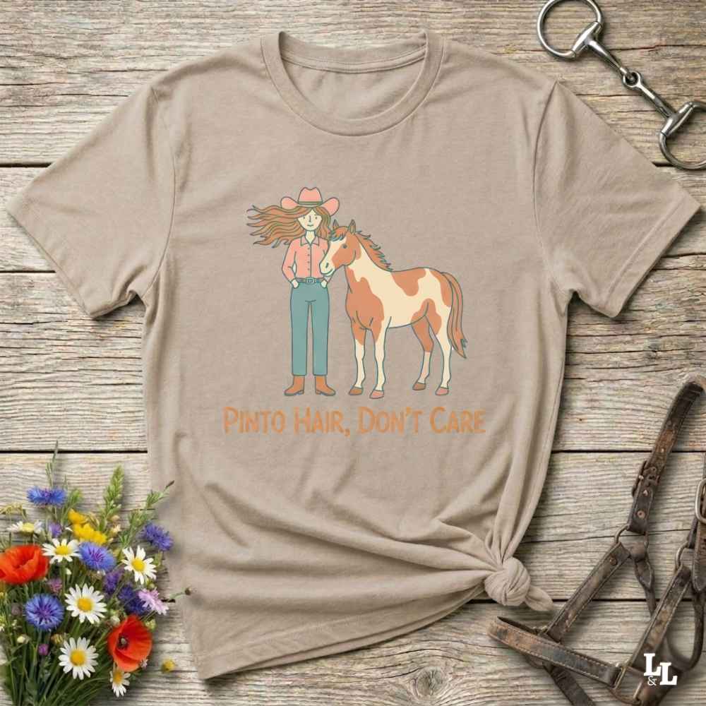 beige Pinto Hair Don't Care T-Shirt for Pinto Horse Lovers, Trail Riding Tee