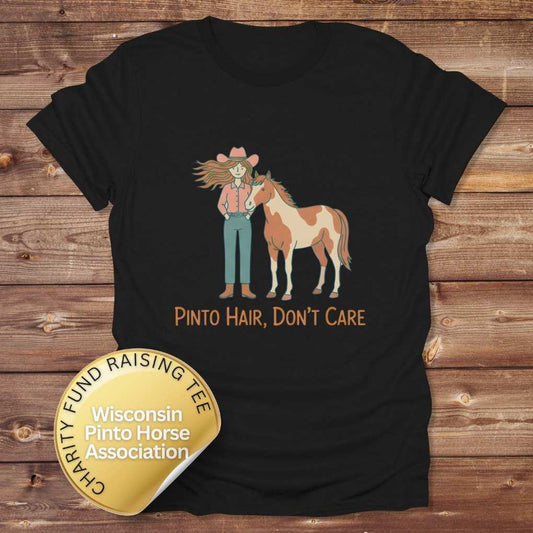 Black Pinto Hair Don't Care T-Shirt for Pinto Horse Lovers, Trail Riding Tee