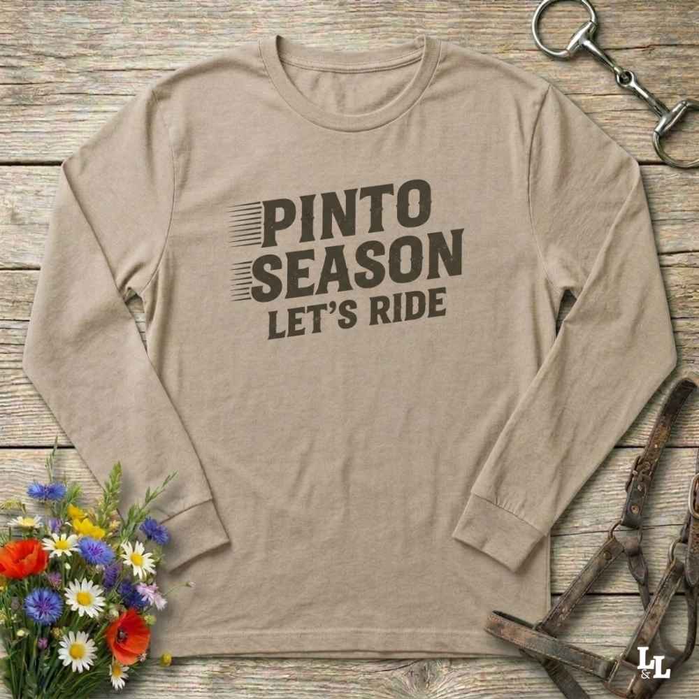 beige Pinto Season Let's Ride Long Sleeve Tee for Pinto Lovers, Trail Riding Tee