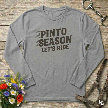 gray Pinto Season Let's Ride Long Sleeve Tee for Pinto Lovers, Trail Riding Tee