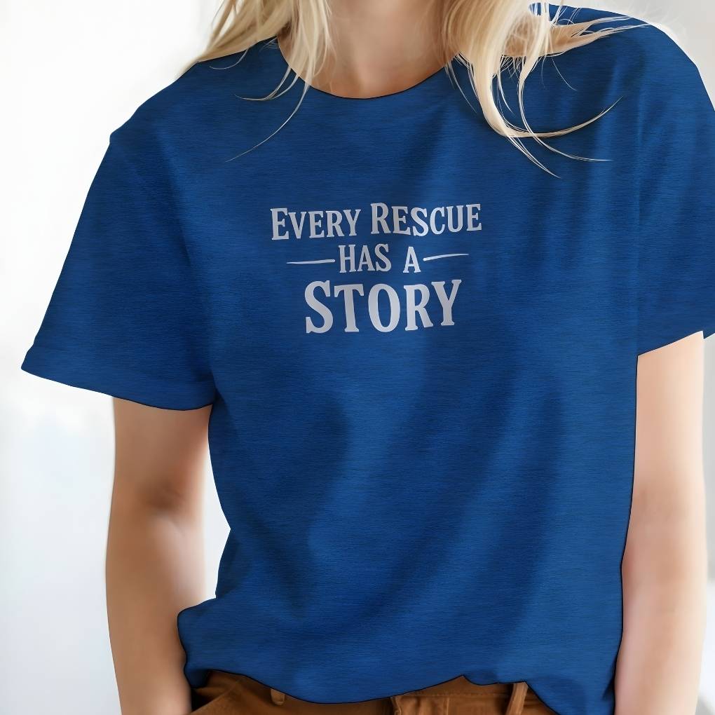 Person wearing a blue t-shirt with 'Every Rescue Has a Story' text. Every Rescue has a Story T-Shirt for Horse Lovers, Trail Riding Tee