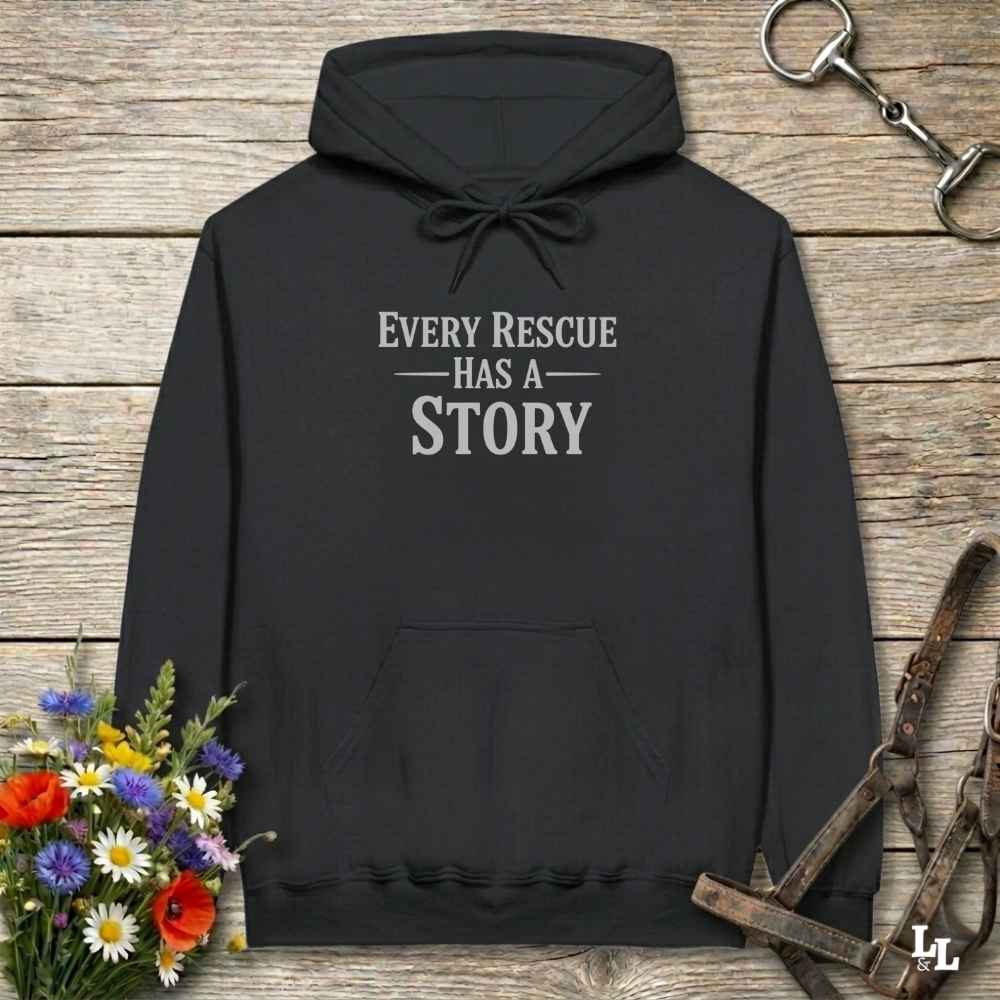 black Every Rescue has a Story Hoodie for Horse Lovers, Horse Rescue Hoodie for Trail Riding