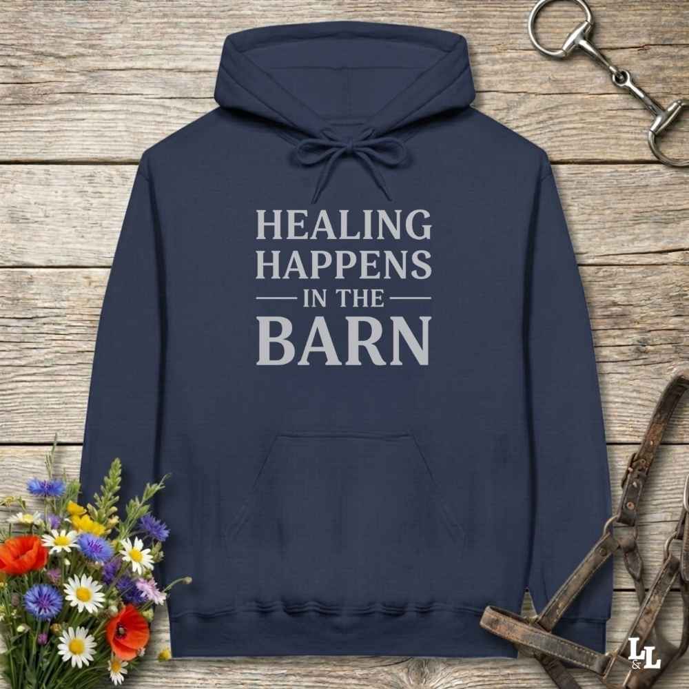 navy blue Healing Happens in the Barn Hoodie for Horse Lovers, Cozy Barn Wear Hoodie