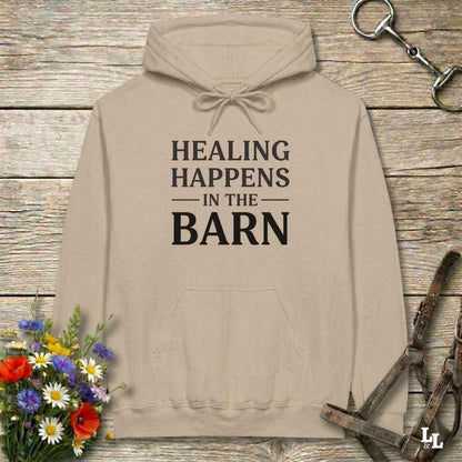 beige Healing Happens in the Barn Hoodie for Horse Lovers, Cozy Barn Wear Hoodie