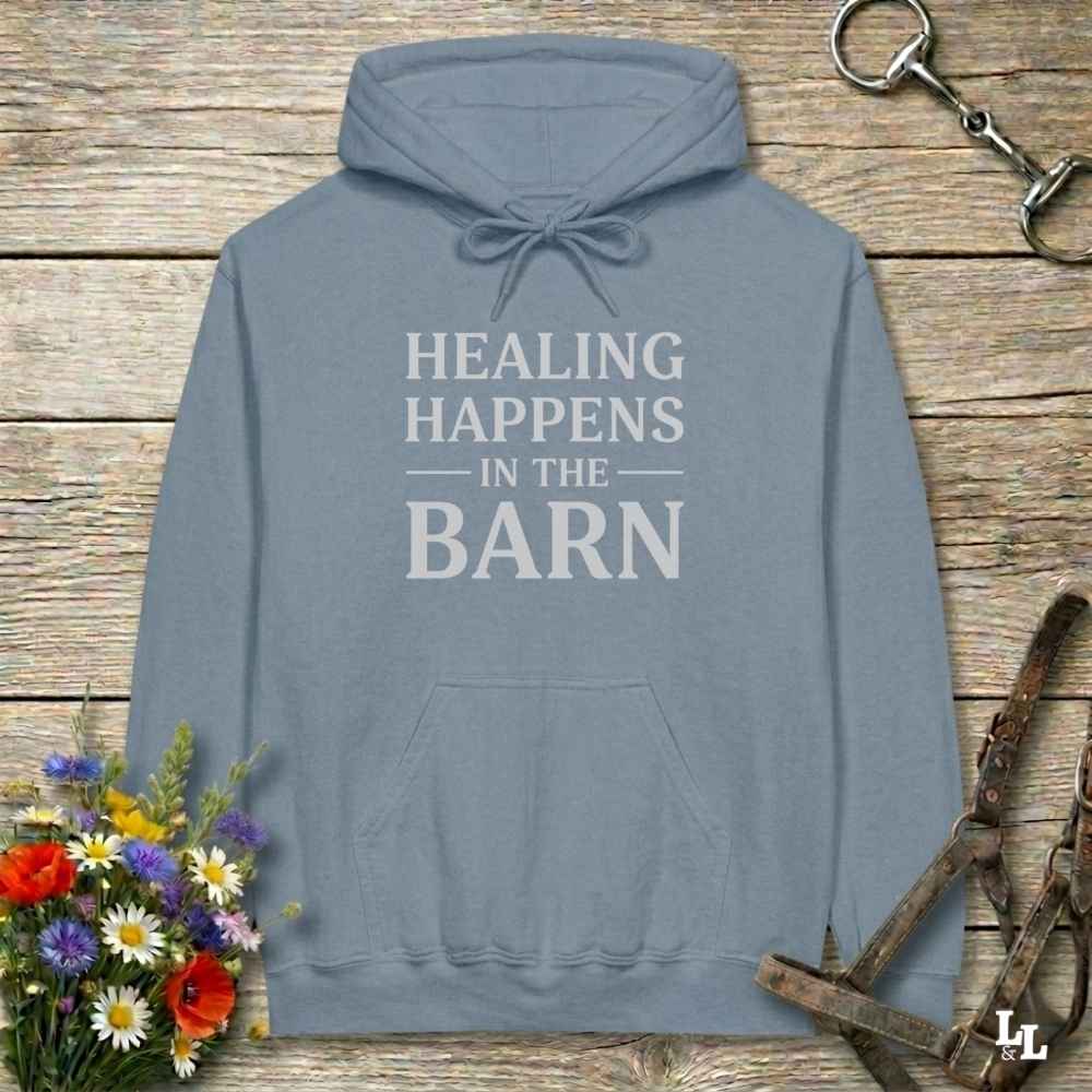 blue Healing Happens in the Barn Hoodie for Horse Lovers, Cozy Barn Wear Hoodie