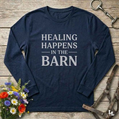 navy blue Healing Happens in the Barn Long Sleeve Tee for Horse Lovers, Trail Riding Tee