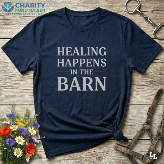 navy blue Healing Happens in the Barn T-Shirt for Horse Lovers, Barn Wear for Horse Riders