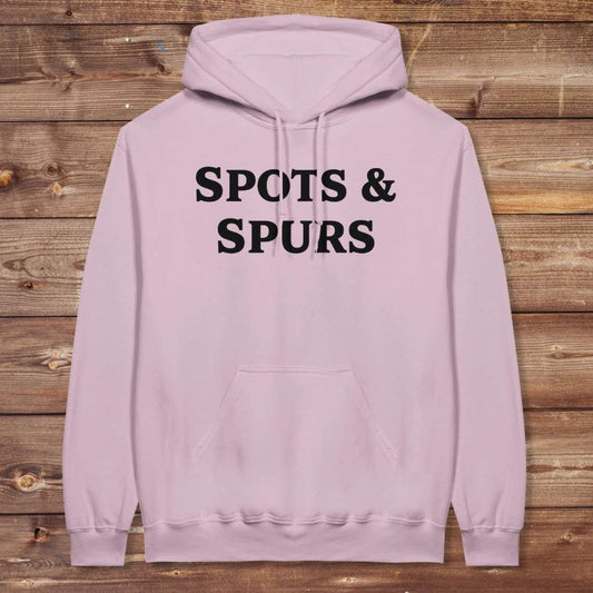 Pink Spots and Spurs Hoodie for Pinto Horse Lovers, Cozy Trail Riding Hoodie