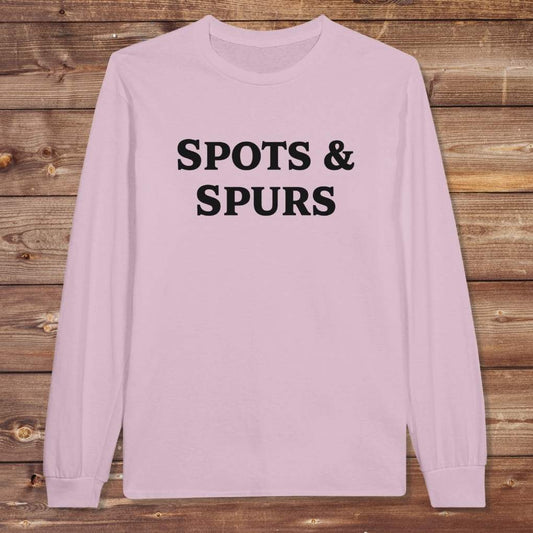 Pink Spots and Spurs Long Sleeve Tee for Pinto Horse Lovers, Trail Riding Tee