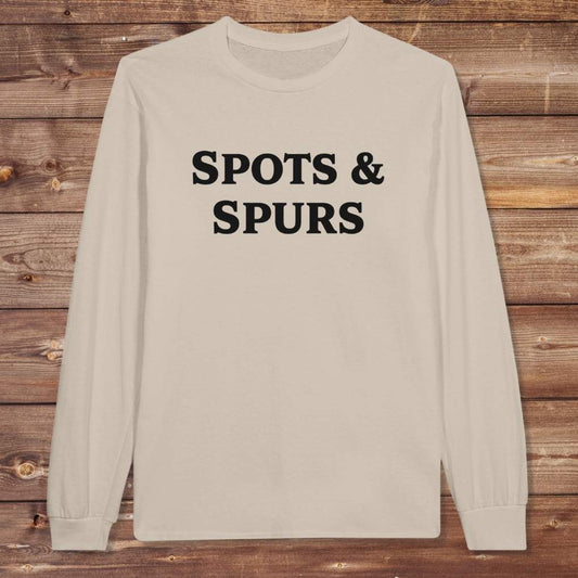 Beige Spots and Spurs Long Sleeve Tee for Pinto Horse Lovers, Trail Riding Tee
