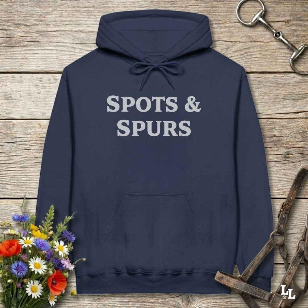 navy blue Spots and Spurs Hoodie for Pinto Horse Lovers, Cozy Trail Riding Hoodie