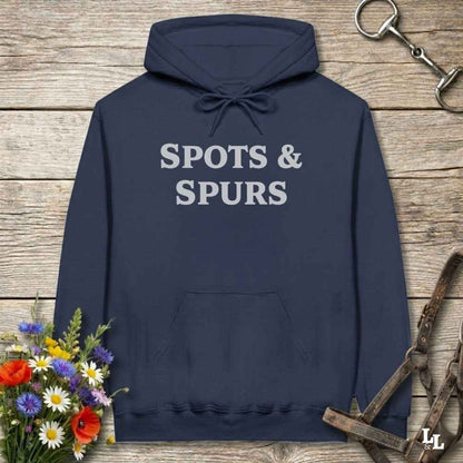 navy blue Spots and Spurs Hoodie for Pinto Horse Lovers, Cozy Trail Riding Hoodie