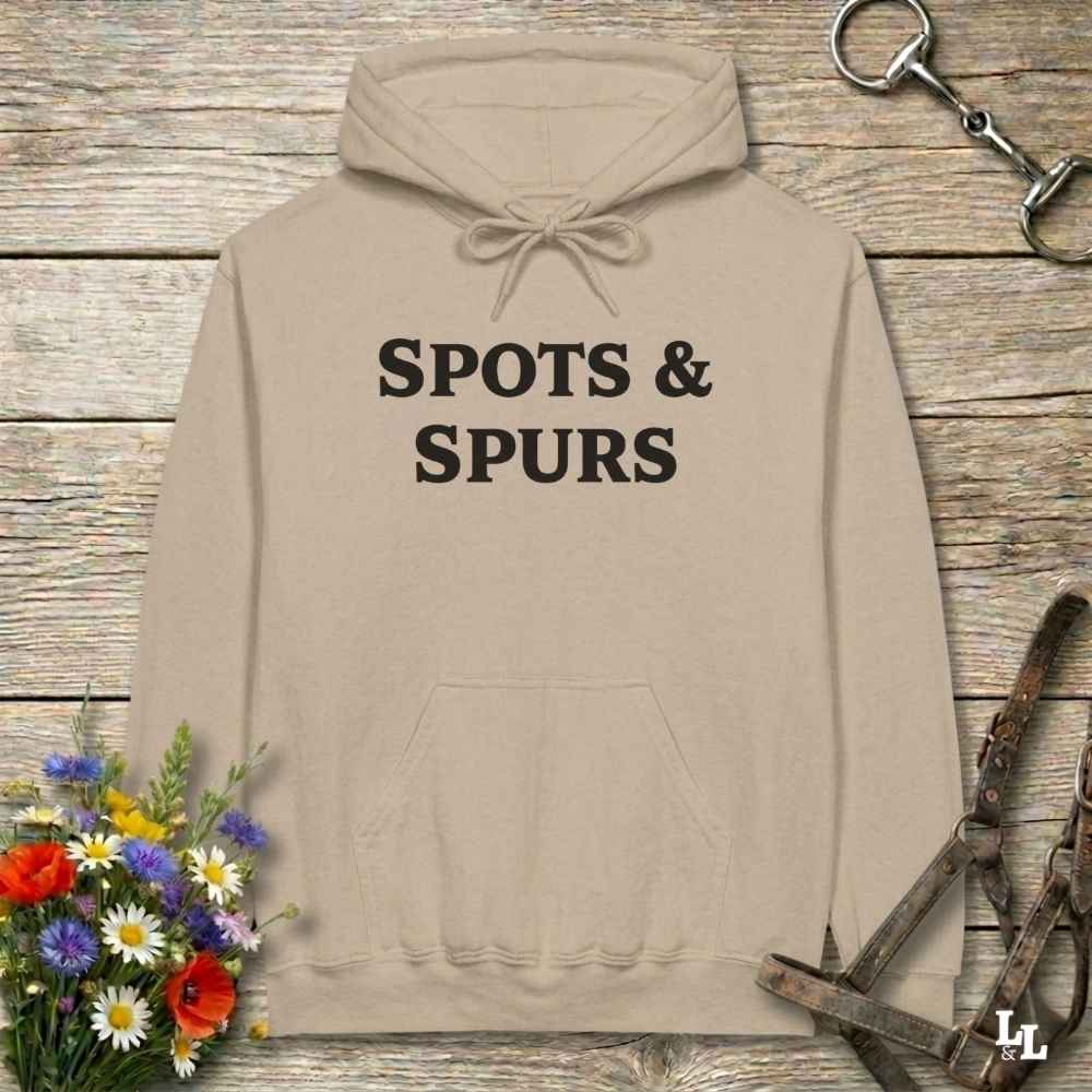beige Spots and Spurs Hoodie for Pinto Horse Lovers, Cozy Trail Riding Hoodie