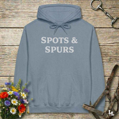 blue Spots and Spurs Hoodie for Pinto Horse Lovers, Cozy Trail Riding Hoodie