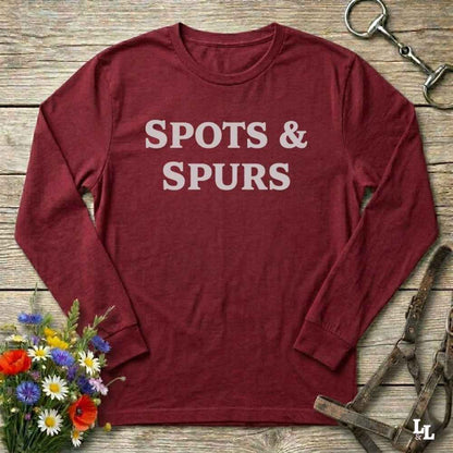 red Spots and Spurs Long Sleeve Tee for Pinto Horse Lovers, Trail Riding Tee