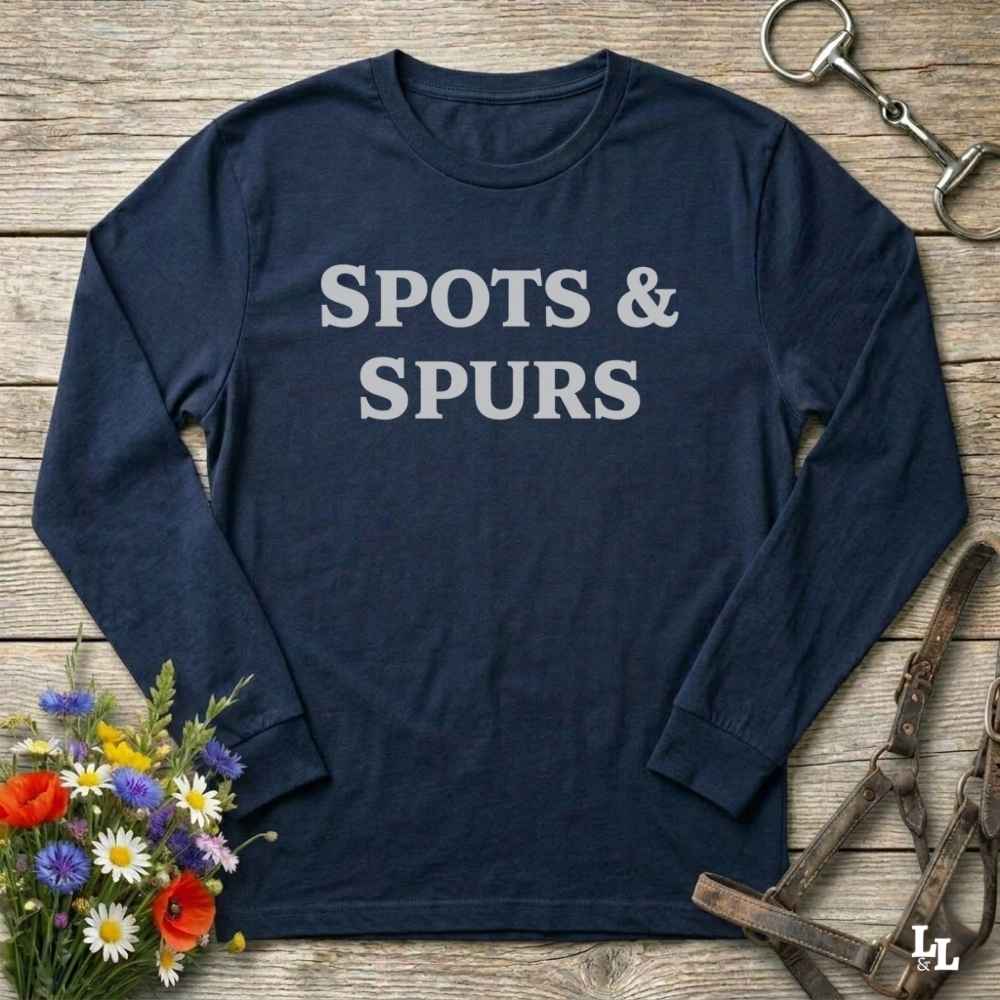 navy blue Spots and Spurs Long Sleeve Tee for Pinto Horse Lovers, Trail Riding Tee