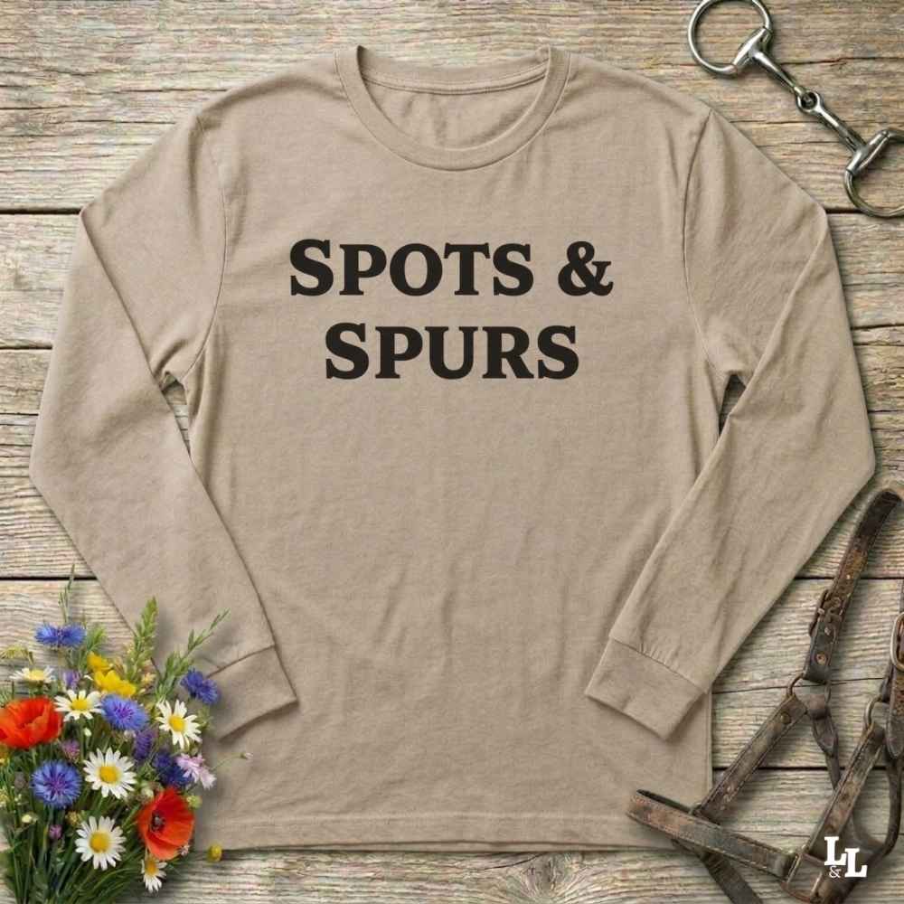 beige Spots and Spurs Long Sleeve Tee for Pinto Horse Lovers, Trail Riding Tee