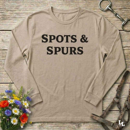beige Spots and Spurs Long Sleeve Tee for Pinto Horse Lovers, Trail Riding Tee