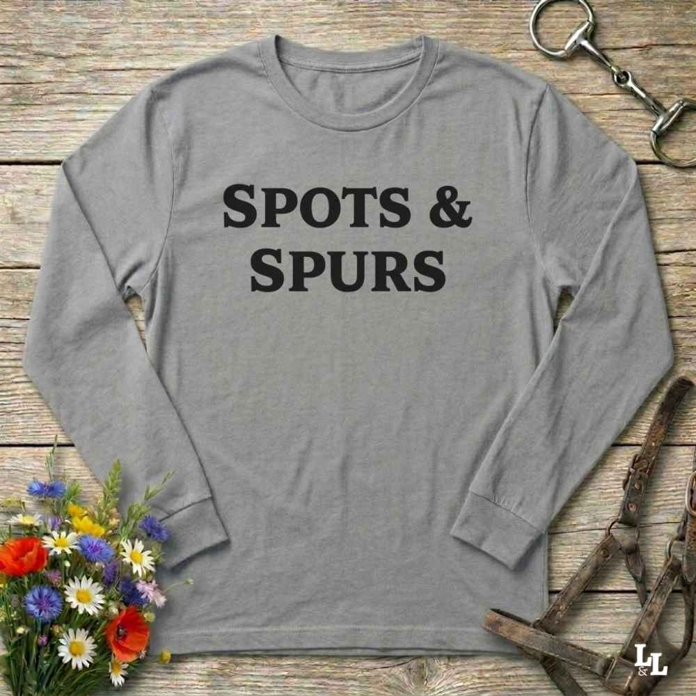 gray Spots and Spurs Long Sleeve Tee for Pinto Horse Lovers, Trail Riding Tee