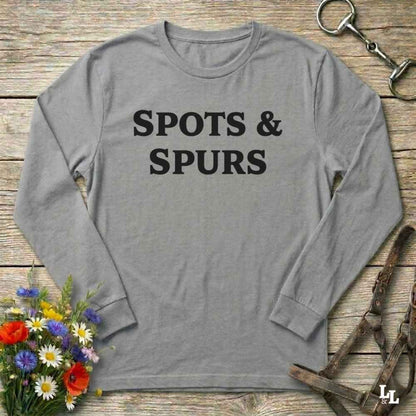 gray Spots and Spurs Long Sleeve Tee for Pinto Horse Lovers, Trail Riding Tee
