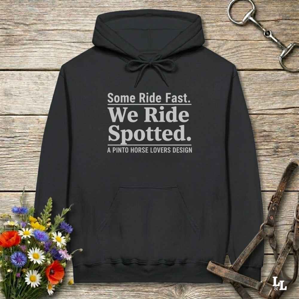 black We Ride Spotted Hoodie for Pinto Horse Lovers, Cozy Barn Wear Hoodie