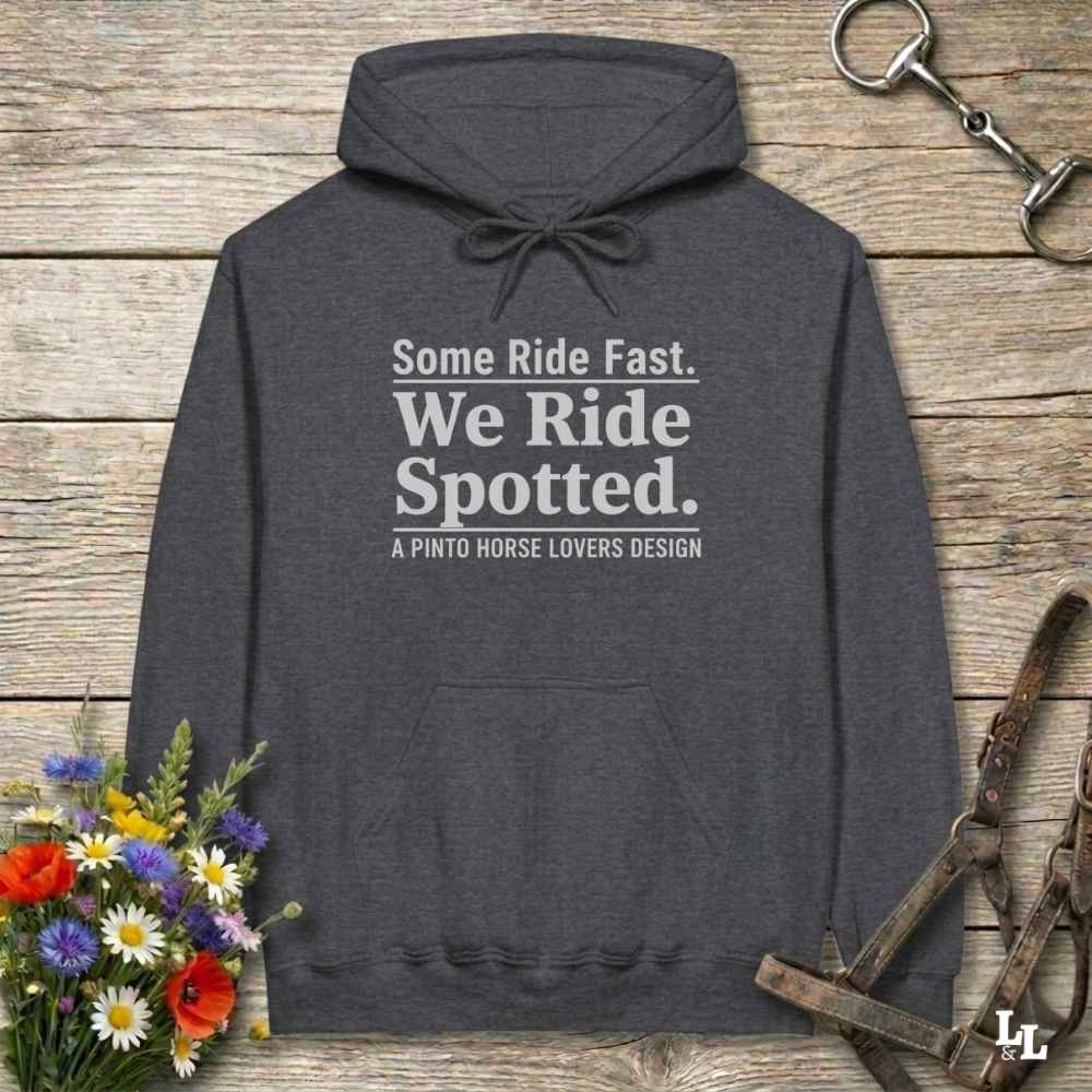 gray We Ride Spotted Hoodie for Pinto Horse Lovers, Cozy Barn Wear Hoodie