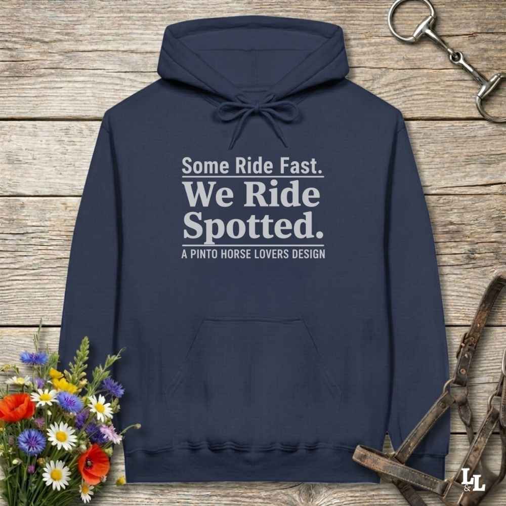 navy blue We Ride Spotted Hoodie for Pinto Horse Lovers, Cozy Barn Wear Hoodie