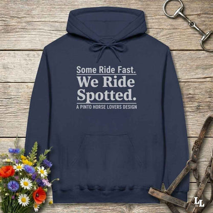navy blue We Ride Spotted Hoodie for Pinto Horse Lovers, Cozy Barn Wear Hoodie